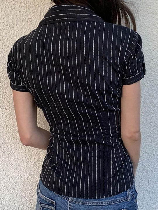 Women Vertical Striped Striped Shirt Collar Top