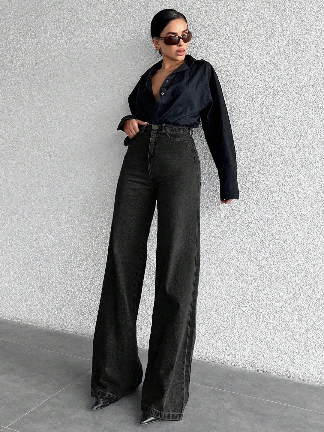 Women Comfort Wide Leg High Rise Cotton Jeans