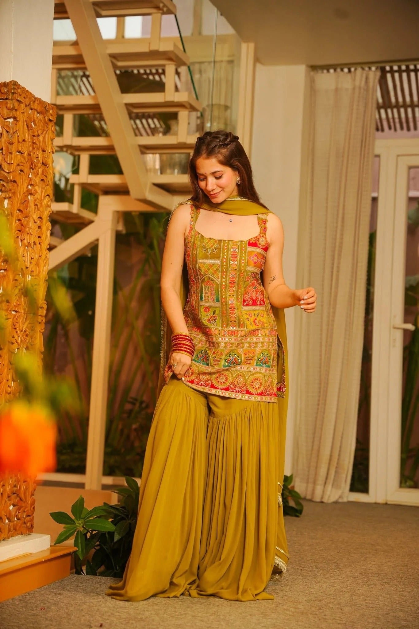 Hirz Green Heavy Embroidered Sharara Set