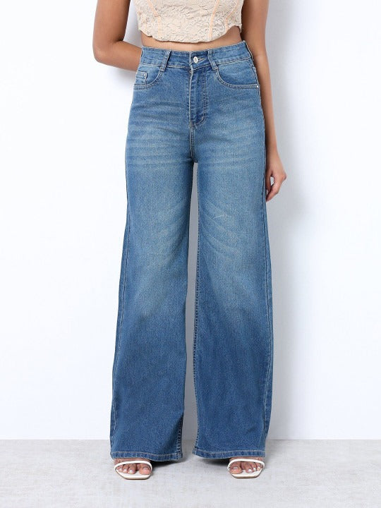 Women Light Blue Strechable Super Wide Leg Denim Jeans