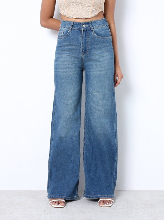 Women Light Blue Strechable Super Wide Leg Denim Jeans