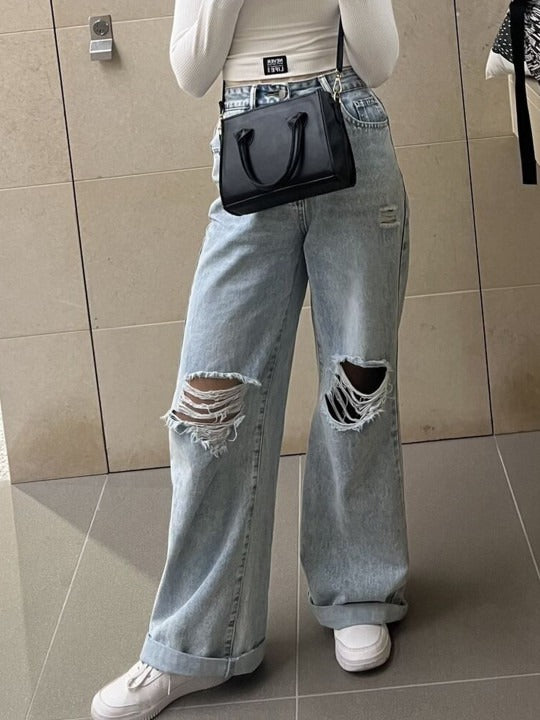 Baggy Women Smart Wide Leg High-Rise Highly Distressed Stretchable Jeans