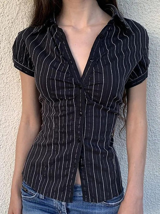 Women Vertical Striped Striped Shirt Collar Top