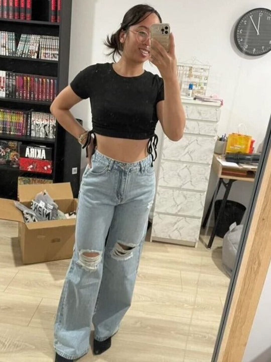 Baggy Women Smart Wide Leg High-Rise Highly Distressed Stretchable Jeans