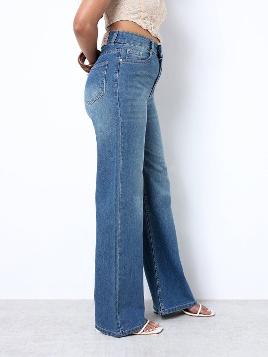 Women Light Blue Strechable Super Wide Leg Denim Jeans