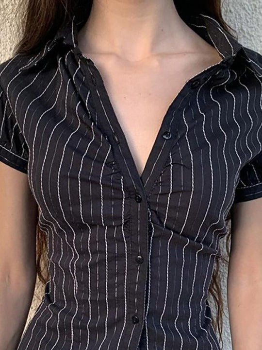 Women Vertical Striped Striped Shirt Collar Top