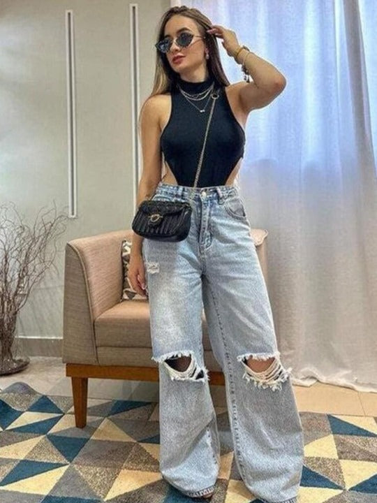 Baggy Women Smart Wide Leg High-Rise Highly Distressed Stretchable Jeans