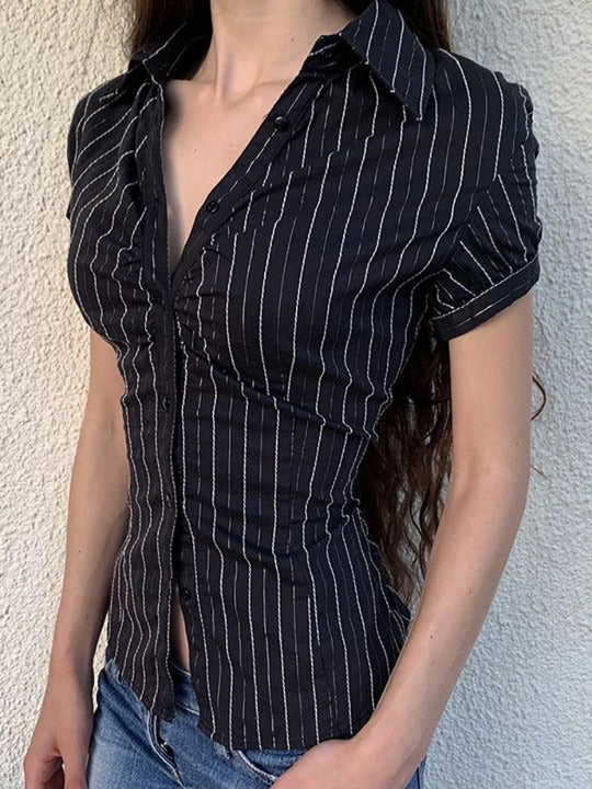 Women Vertical Striped Striped Shirt Collar Top