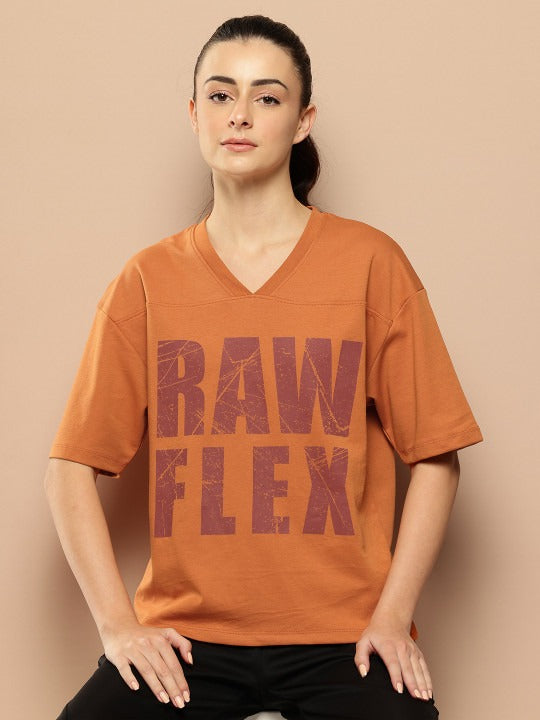 Typography Printed V-Neck Drop-Shoulder Sleeves Oversized T-shirt