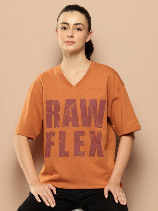 Typography Printed V-Neck Drop-Shoulder Sleeves Oversized T-shirt