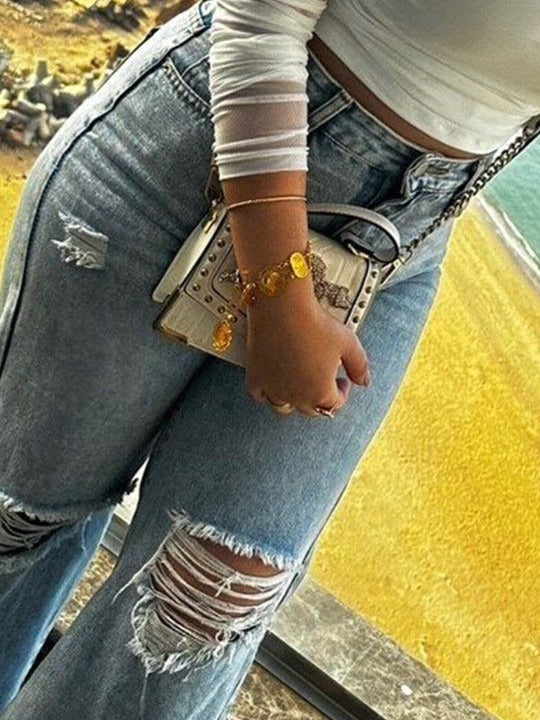 Baggy Women Smart Wide Leg High-Rise Highly Distressed Stretchable Jeans