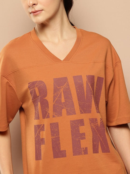 Typography Printed V-Neck Drop-Shoulder Sleeves Oversized T-shirt
