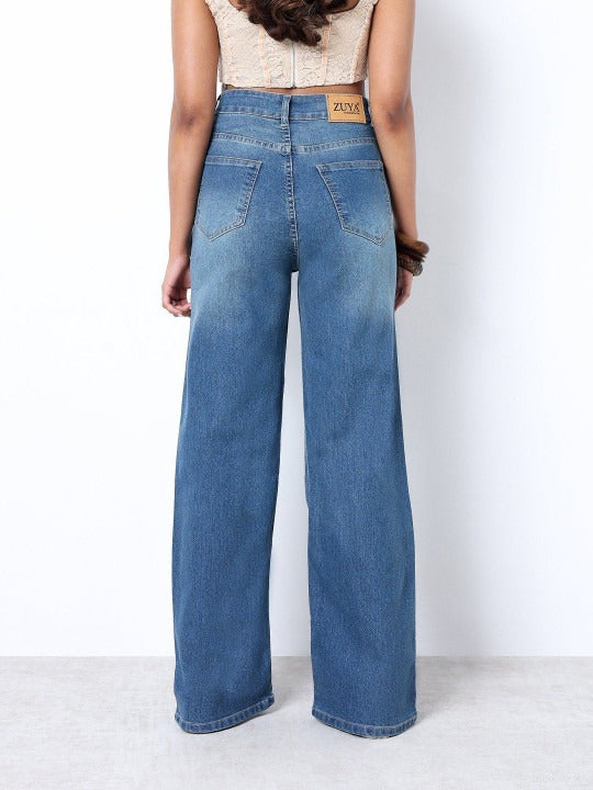 Women Light Blue Strechable Super Wide Leg Denim Jeans