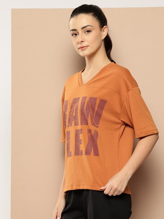 Typography Printed V-Neck Drop-Shoulder Sleeves Oversized T-shirt