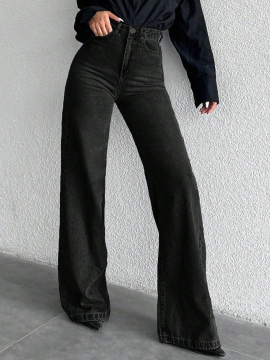 Women Comfort Wide Leg High Rise Cotton Jeans