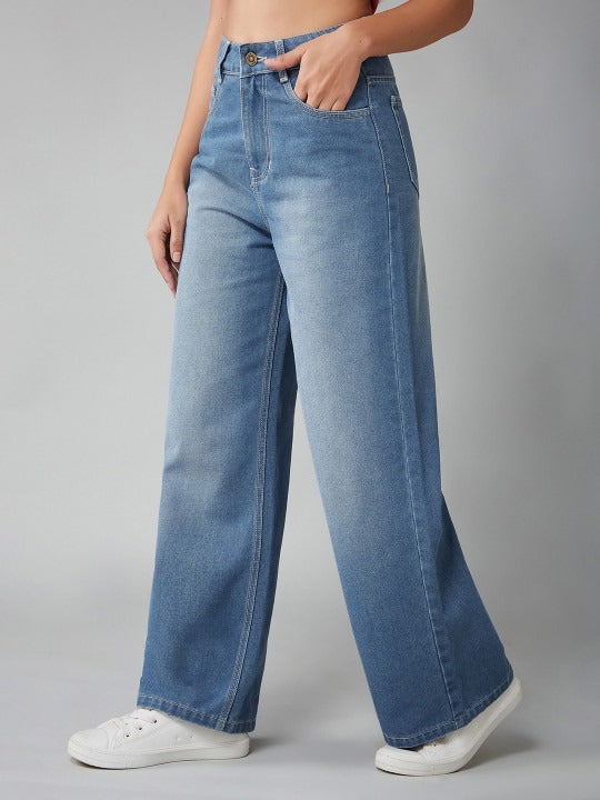 Women Wide Leg High-Rise Light Fade Stretchable Jeans