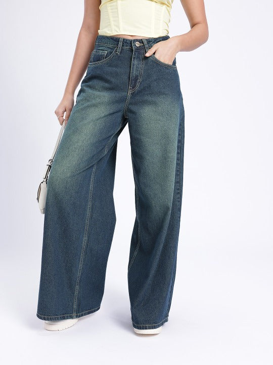 Women Heavy Fade Wide Leg Jeans