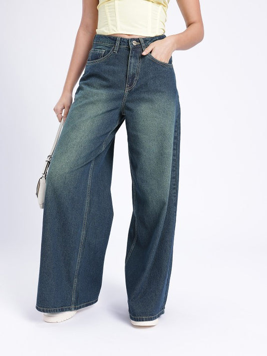 Women Heavy Fade Wide Leg Jeans