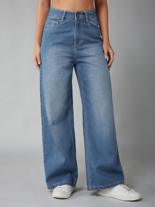 Women Wide Leg High-Rise Light Fade Stretchable Jeans