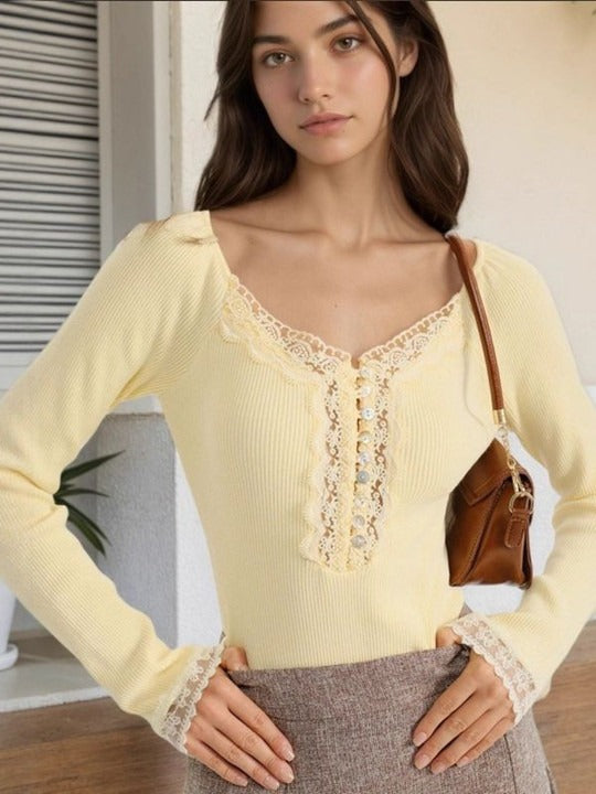 Women Yellow Ribbed V-Neck Top