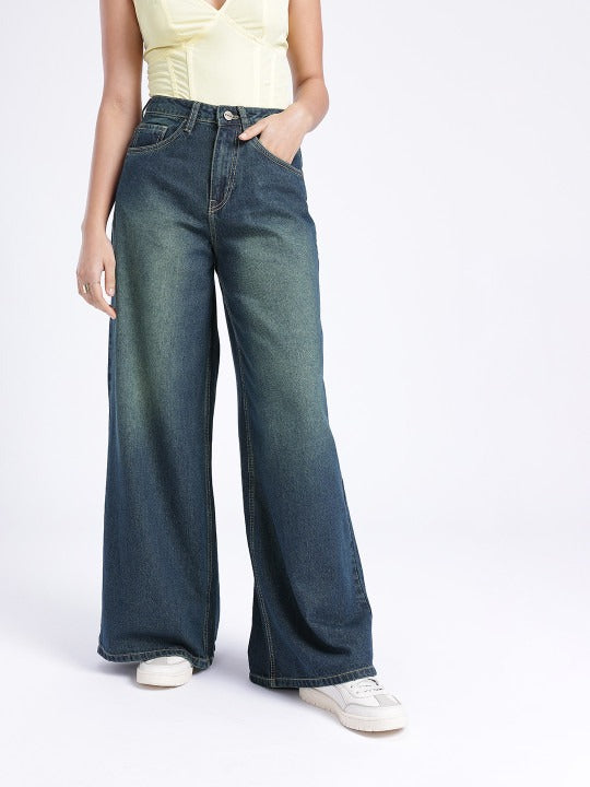 Women Heavy Fade Wide Leg Jeans