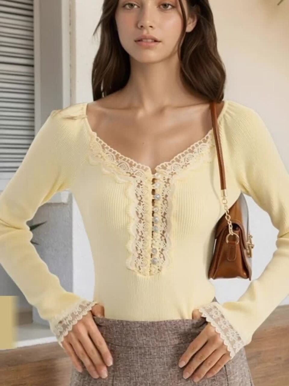 Women Yellow Ribbed V-Neck Top