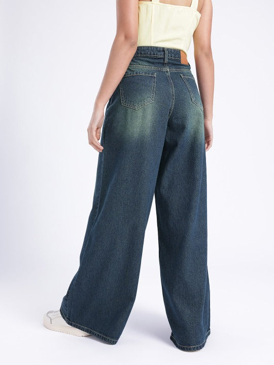 Women Heavy Fade Wide Leg Jeans