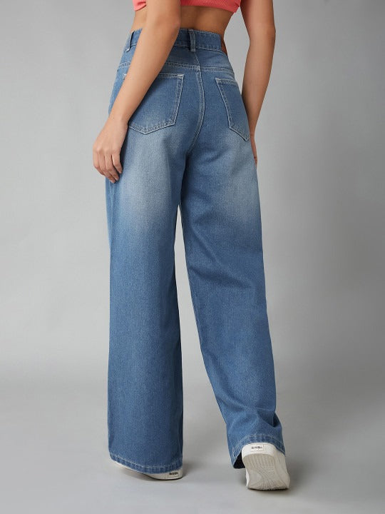 Women Wide Leg High-Rise Light Fade Stretchable Jeans