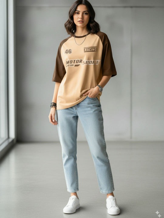 Women Typography Printed Round Neck Cotton Oversized T-shirt