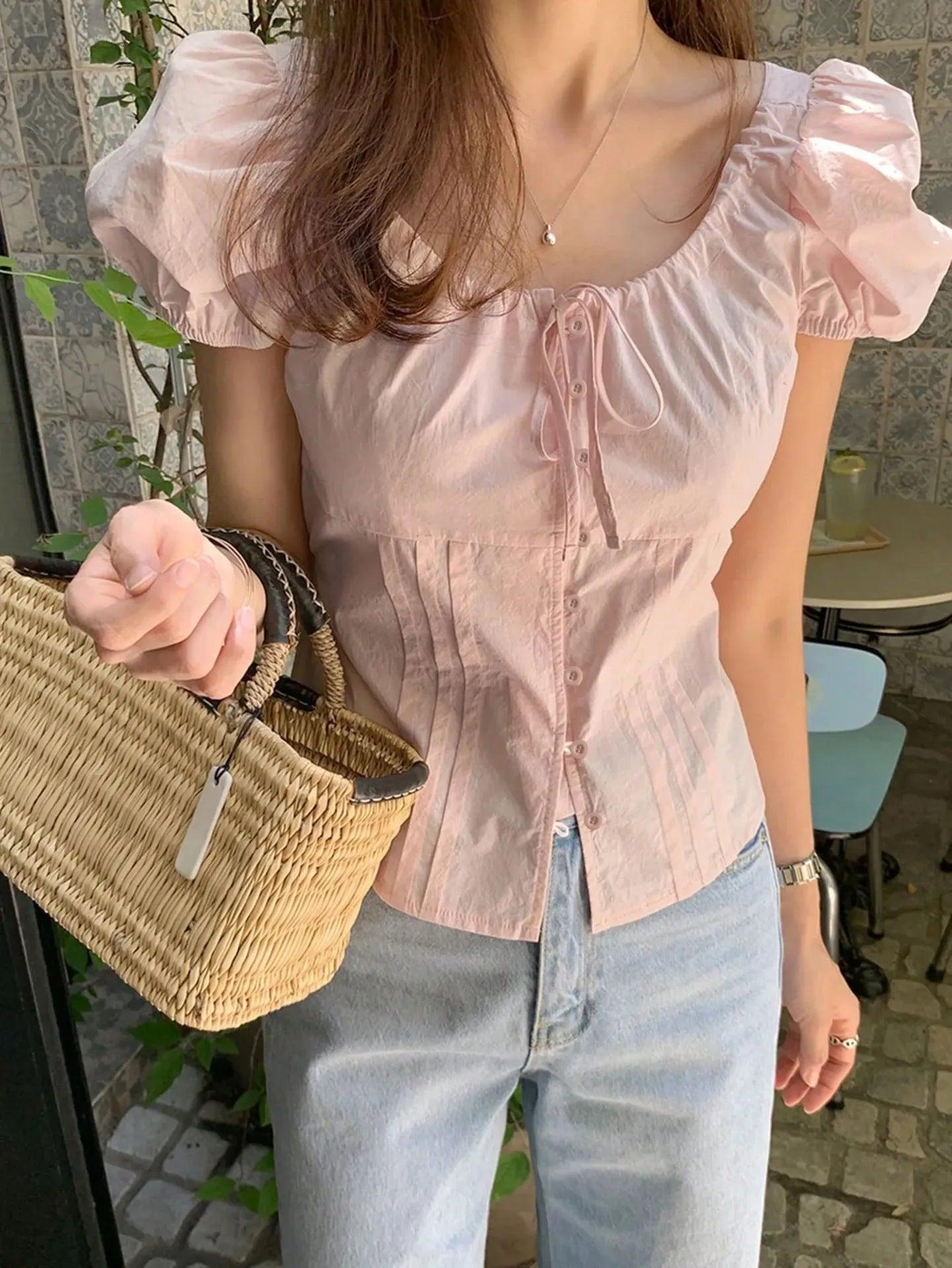 Form-Fitting Belted Puff Sleeve Placket Blouse