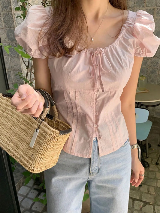 Form-Fitting Belted Puff Sleeve Placket Blouse