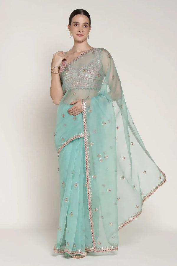 Turq Gota 3 Flower Saree