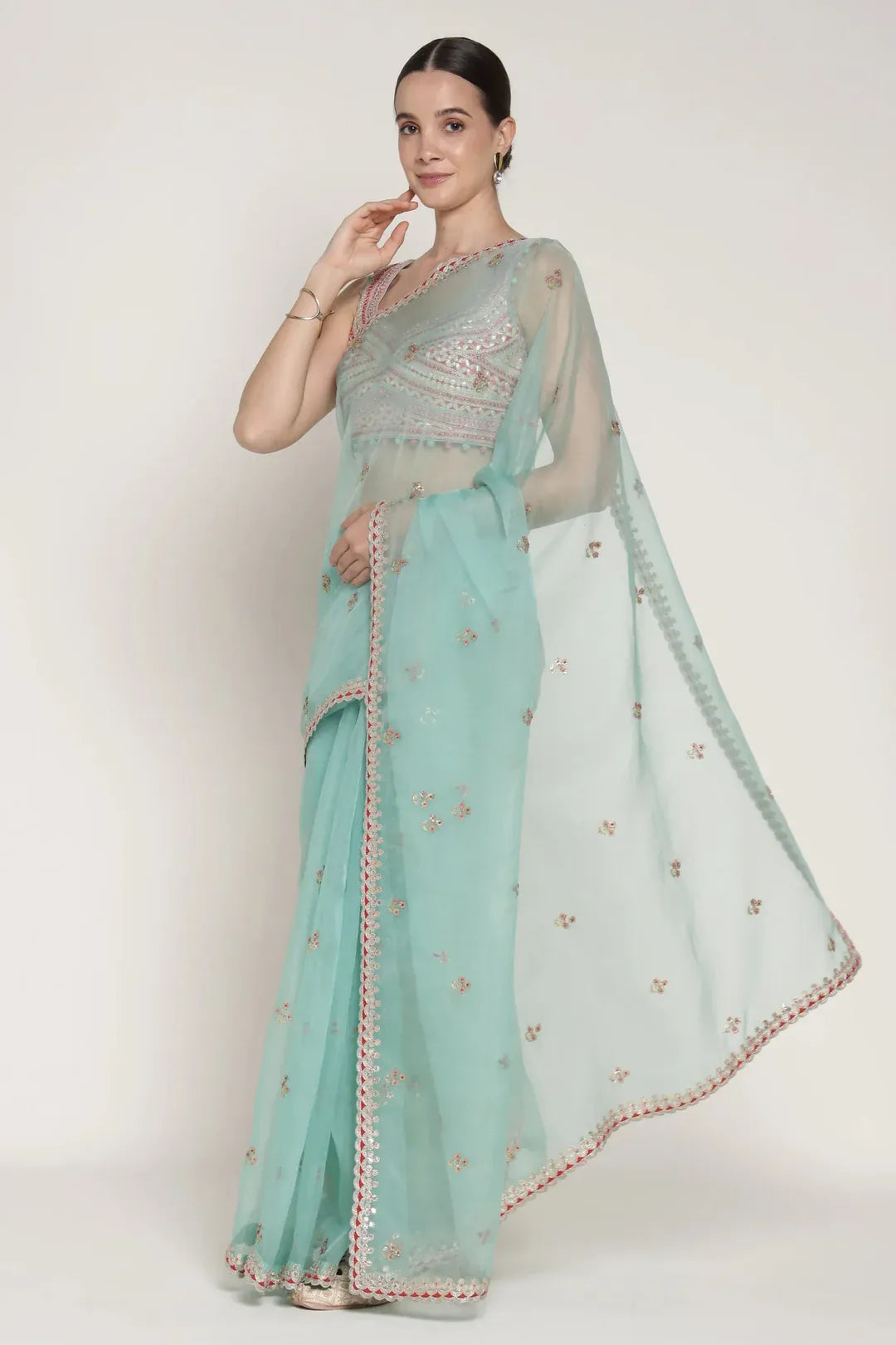 Turq Gota 3 Flower Saree