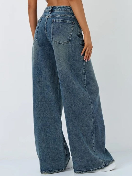 Women Jean Flared High-Rise Low Distress Heavy Fade Stretchable Jeans