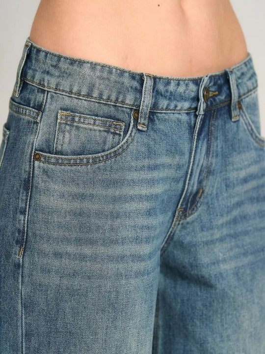 Women Jean Flared High-Rise Low Distress Heavy Fade Stretchable Jeans