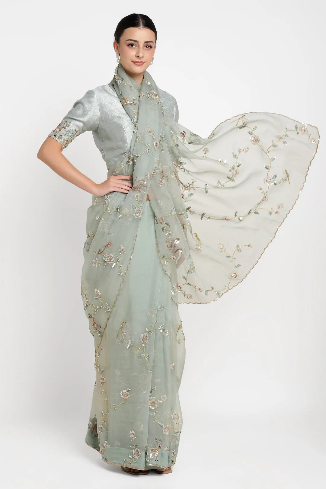 Teal Rose Garden Jungle Walk Saree Set
