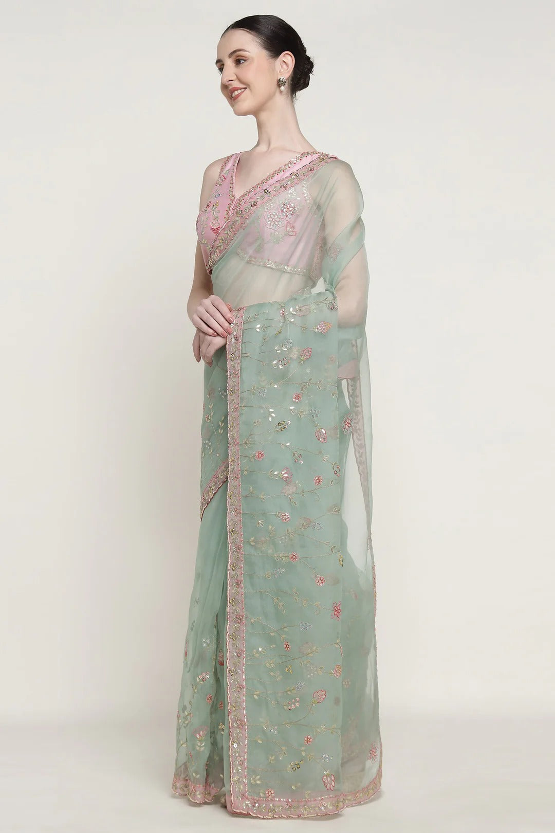 Teal Gota Bloom Saree Set