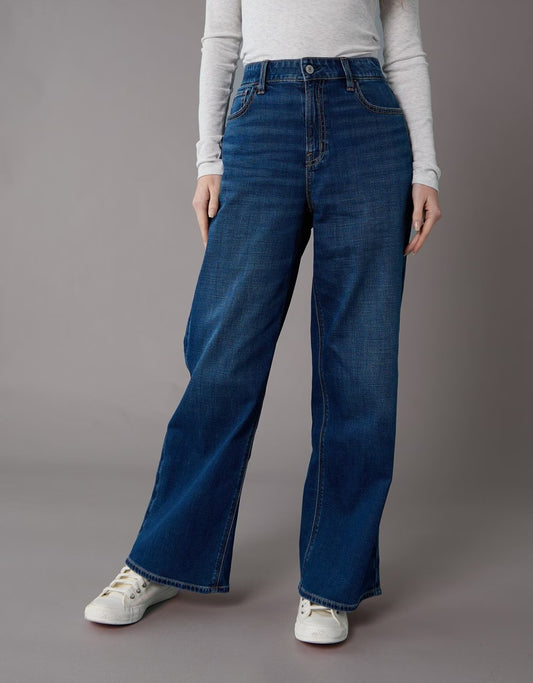 Women Blue Dreamy Drapey Stretch Super High-Waisted Baggy Wide-Leg Jean