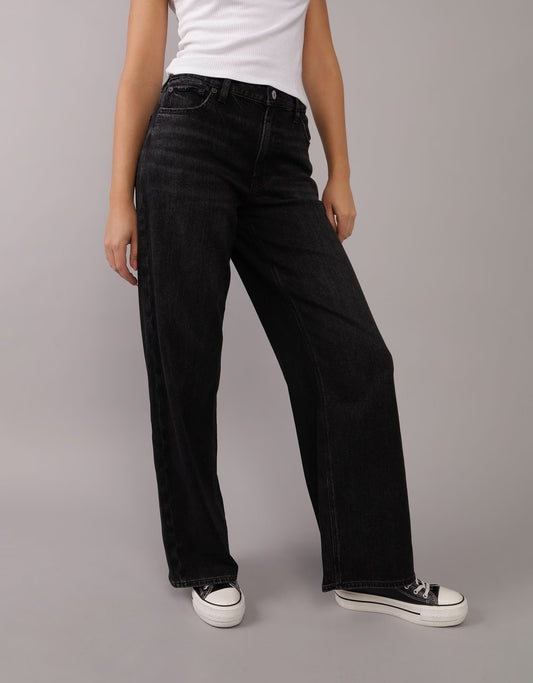 Women Black Strigid Super High-Waisted Baggy Wide-Leg Ankle Jean