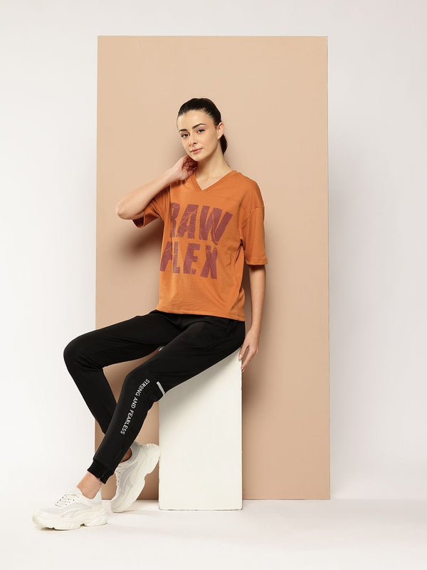 Typography Printed V-Neck Drop-Shoulder Sleeves Oversized T-shirt