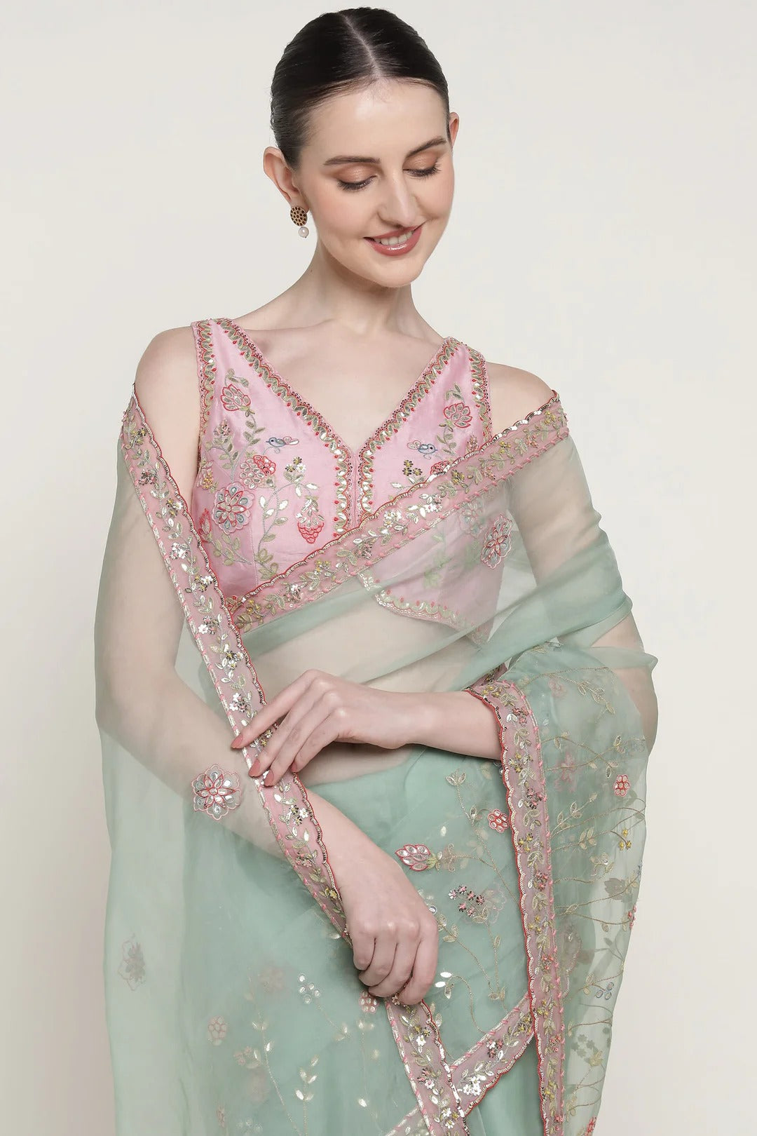 Teal Gota Bloom Saree Set