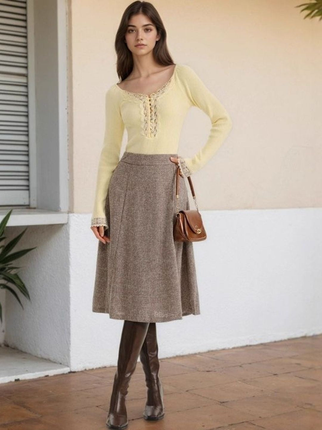Women Yellow Ribbed V-Neck Top