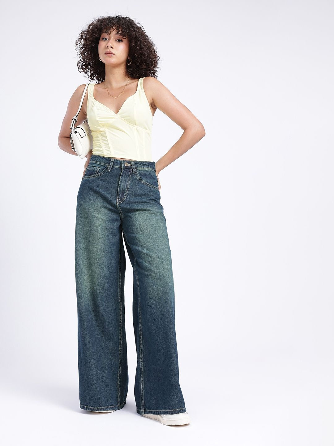 Women Heavy Fade Wide Leg Jeans