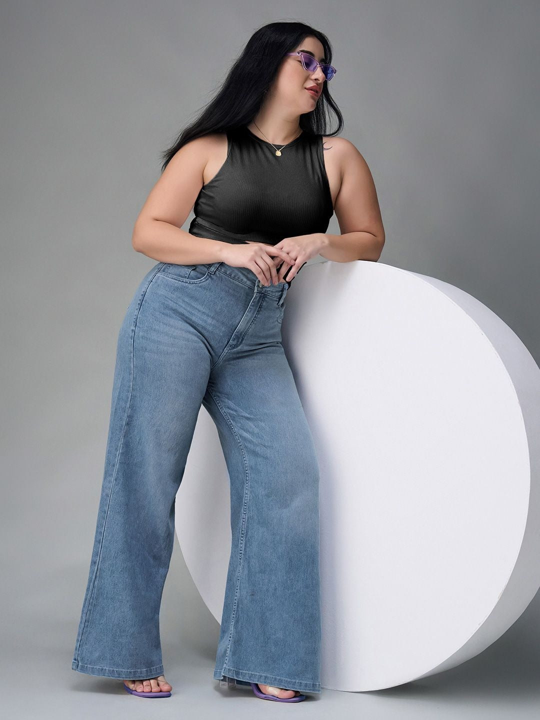 Women's Wide-Leg High Rise Clean Look Regular Length Stretchable Denim Jeans