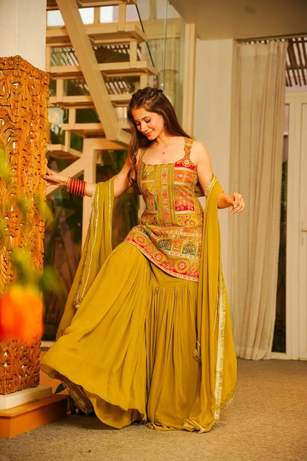 Hirz Green Heavy Embroidered Sharara Set