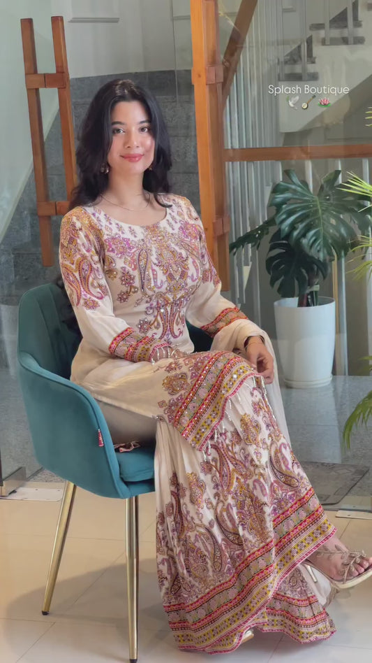 Beige Floral Printed Ethnic Maxi Dress with Long Sleeves and Boho Traditional Design
