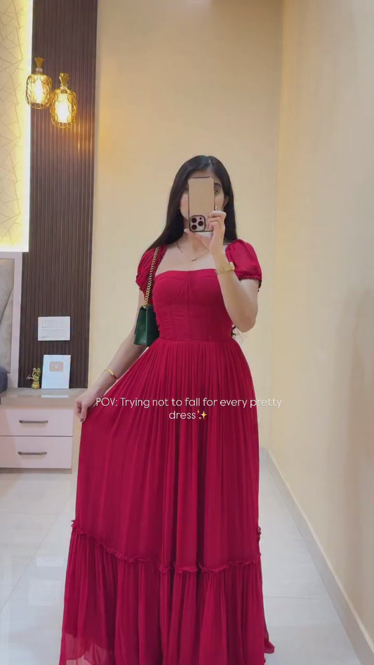 Elegant Red Smocked Maxi Dress with Puff Sleeves and Square Neck Flowy Party Wear
