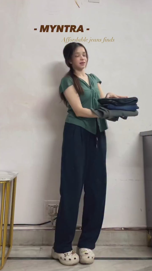 Women’s Casual Solid Green Wrap Top with Relaxed Fit Wide-Leg Pants Lounge Set