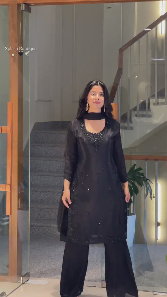 Black Embroidered Straight Kurta Set with Palazzo Pants – Elegant Ethnic Wear for Women