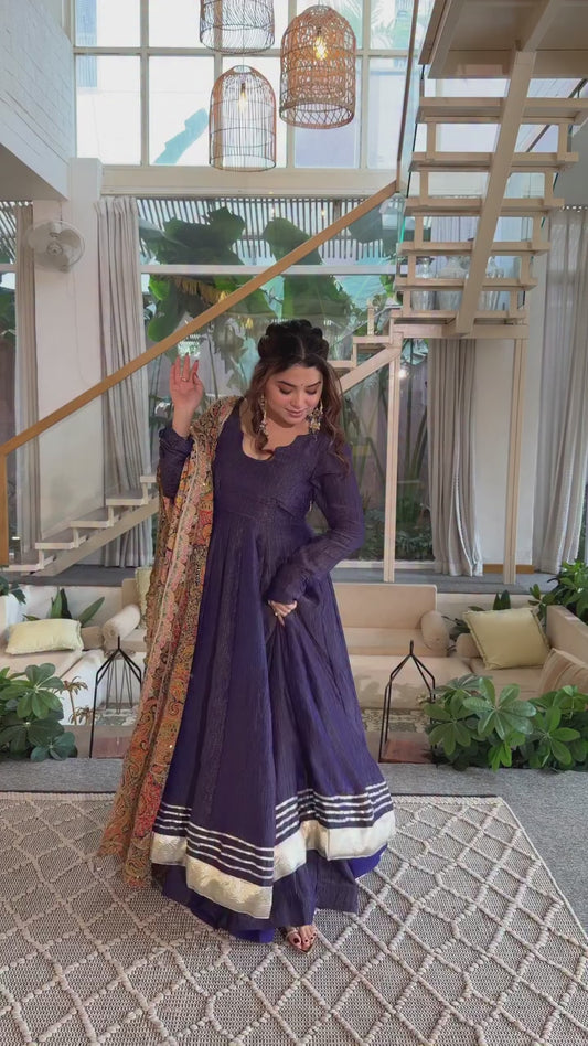 Elegant Purple Anarkali Gown with Printed Dupatta & Ethnic Border Detailing